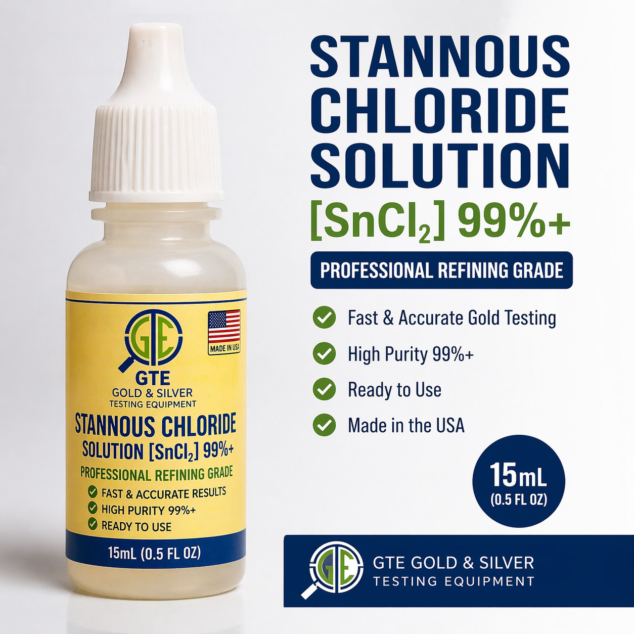 Stannous Chloride Gold Test Solution 15mL 0.5oz SnCl2 Gold Tester Kit