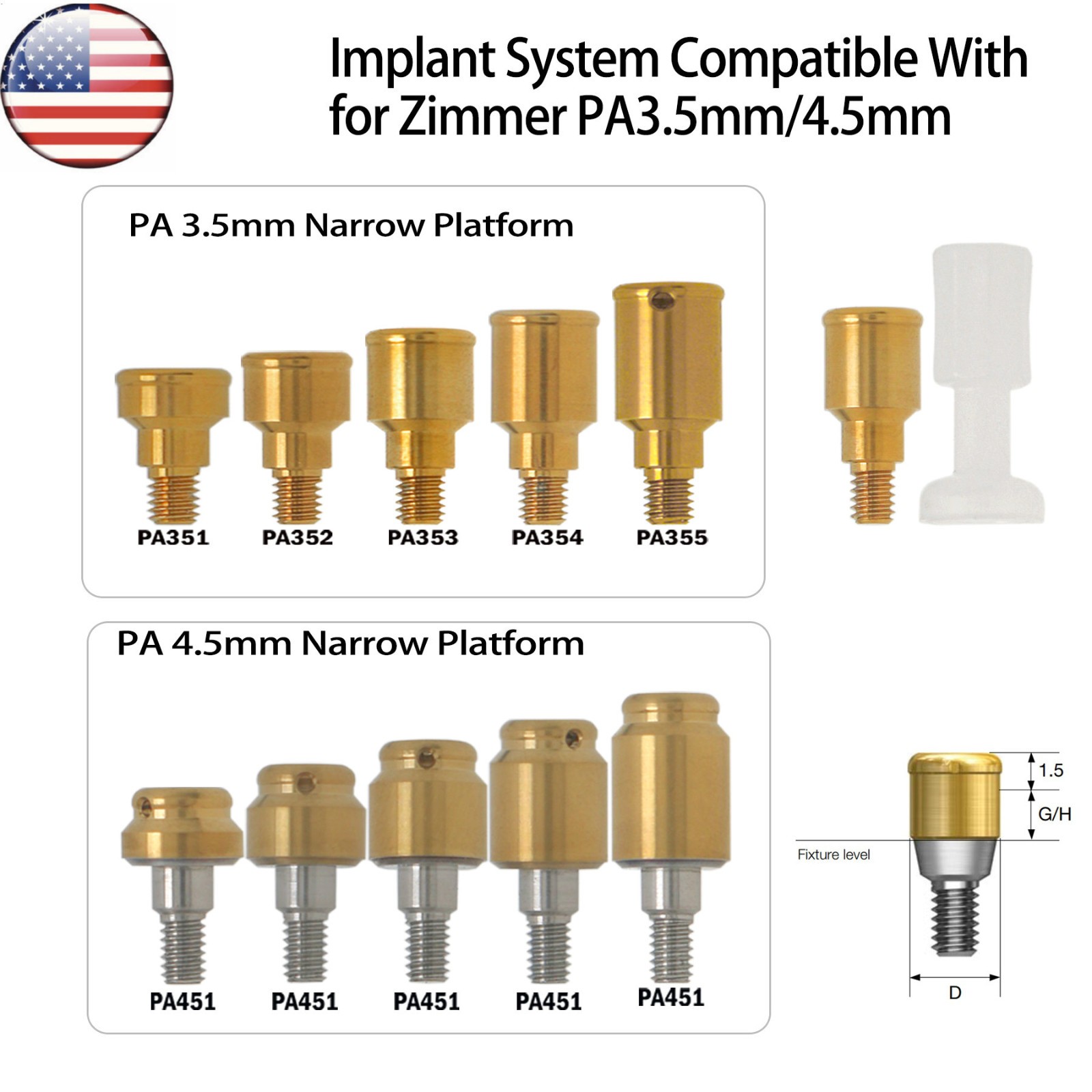 US Locator Abutment for Zimmer 3.5/4.5mm Retention Cap Inserts Tool 1.0-5.0mm GH