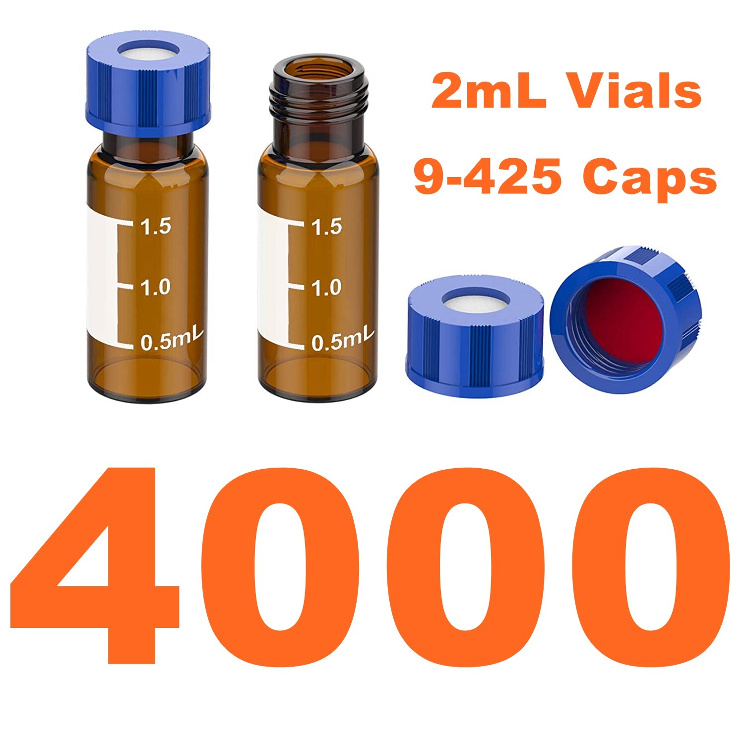 4000pcs HPLC Autosampler Amber 2mL Glass Vials 9mm Screw Caps Lab Smple Bottles