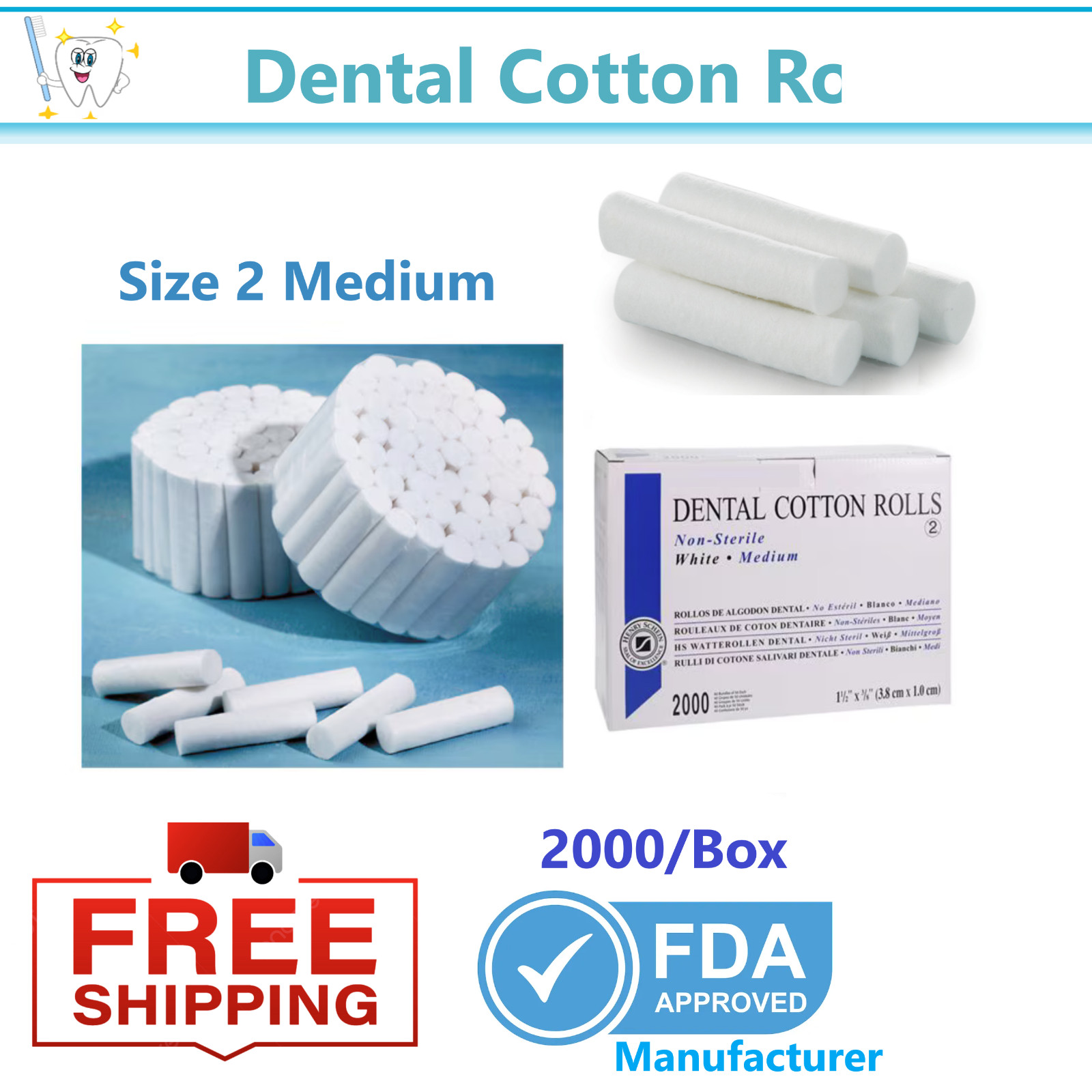2000 x Dental Cotton Rolls Premium Quality Size #2 Medium Nonsterile, 3/8″ USA