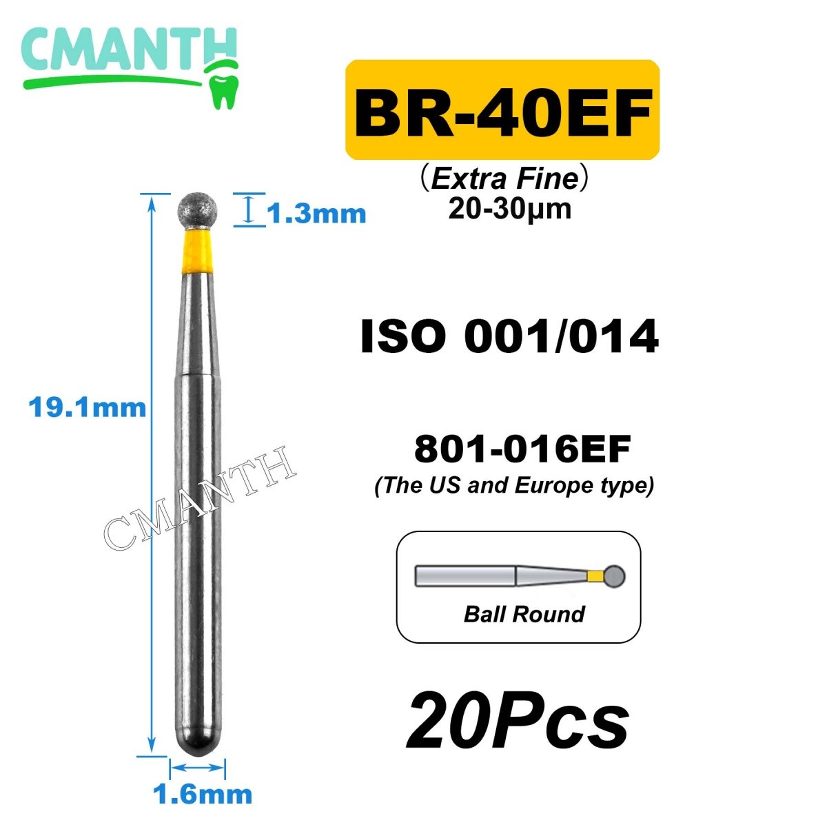 US Fine Dental Burs Diamond Burs High Speed Turbines Drills Tools 1.6mm 20pcs