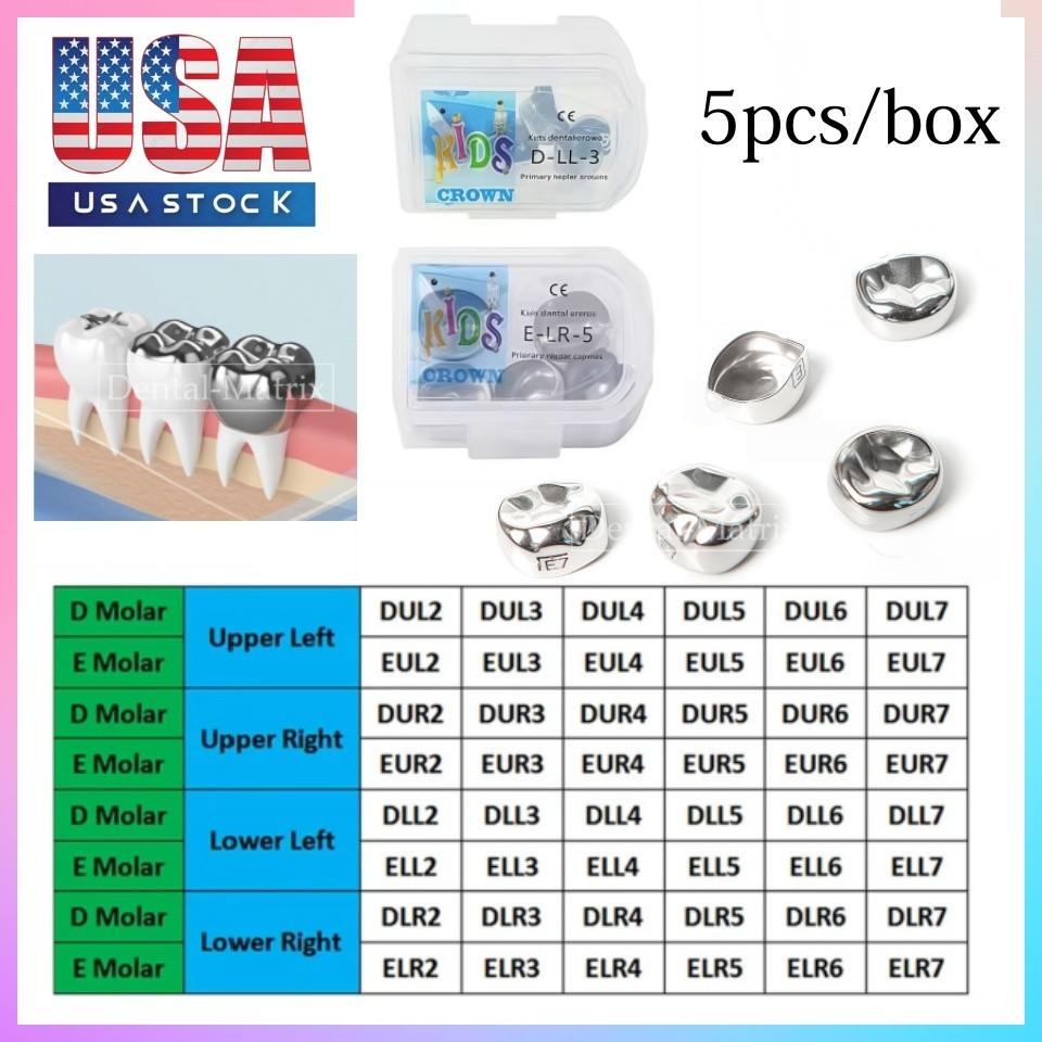 5pcs Dental Pediatric Crown Kids stainless steel molar crowns Preformed Primary