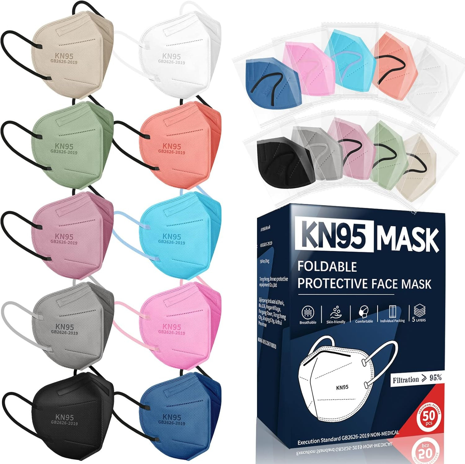 KN95 Face Masks for Adults, 50 Pack 10 Colors Disposable KN95 Masks, 5 Layer …