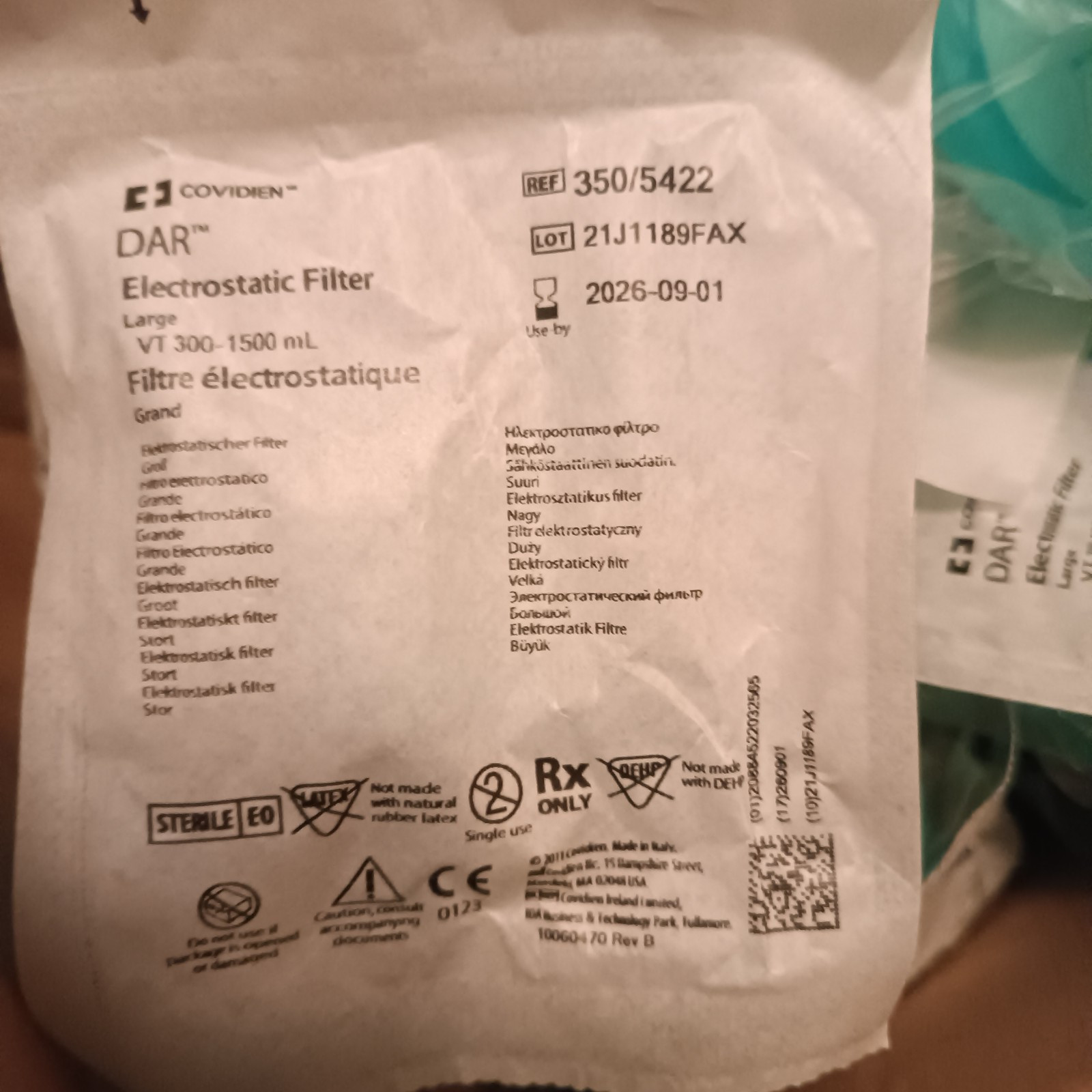 COVIDIEN 350/5422 DAR Electrostatic Filter VT 300-1500mL (CASE/25) 2026/09