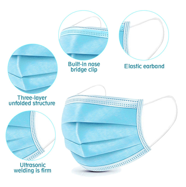 50PCS 3 Layers Disposable Face Masks Breathable Blue Elastic Earloop Safety Mask