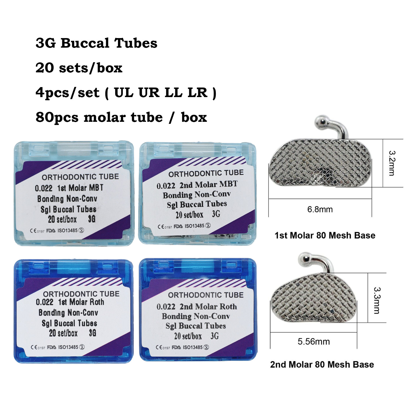 Dental Orthodontic Buccal Tubes 1st 2nd Molar Bracket Roth MBT 022 Bondable
