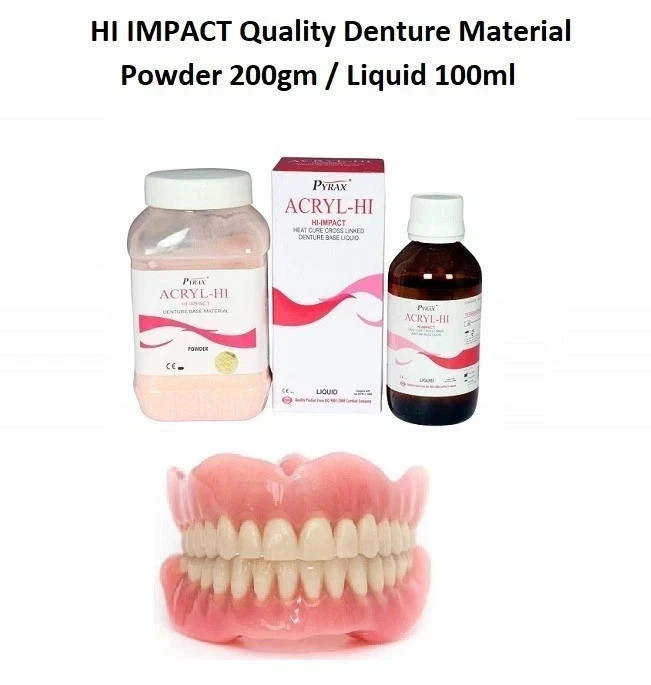 Dental ACRYL HI IMPACT Heat Cure Denture Powder 200gm Liquid 100ml FREE SHIPING