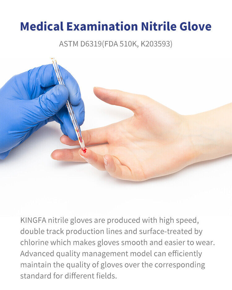 Kingfa Blue Nitrile Medical Gloves FDA Powder &Latex Free Disposable 3 mil