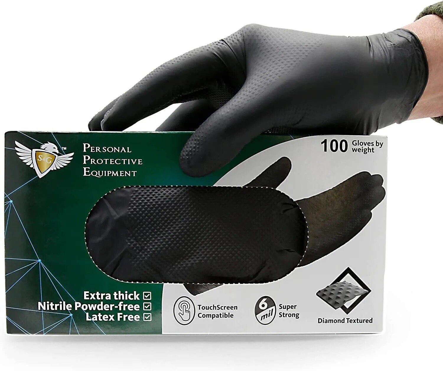 S&G Black Diamond Nitrile Gloves Powder Latex Free 6 Mil 100pcs M/L/XL