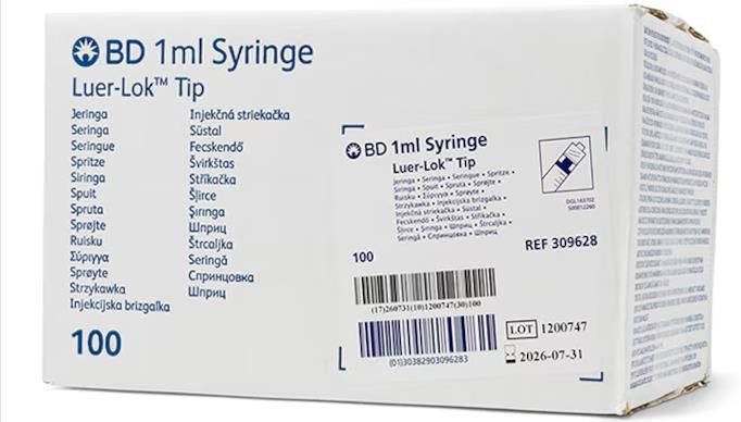 BD Syringe 1 mL Luer-Lok tip STERILE Box of 100 #309628 Brand New EXP.08-2030