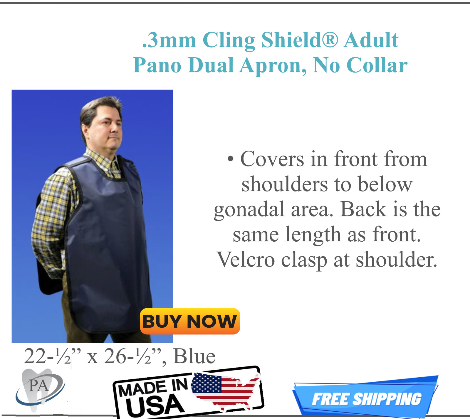 Dual X-Ray Apron Cling Shield Lead-Lined Adult Pano No Collar 3mm Medical Dental