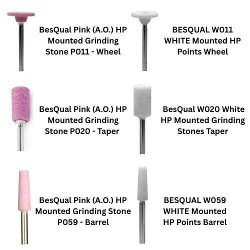 BesQual White & pink HP Mounted Stone, #11 Wheel, #20 Taper #59 Barrel, 100/Pk