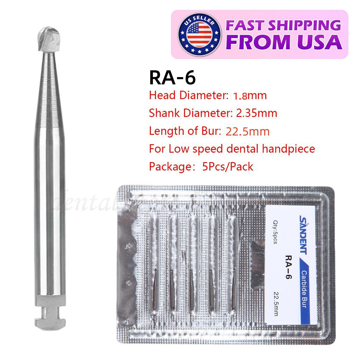 5 Pcs/Pack Dental 22.5mm Round Carbide Bur Slow Speed Latch Type RA4 Burs USA