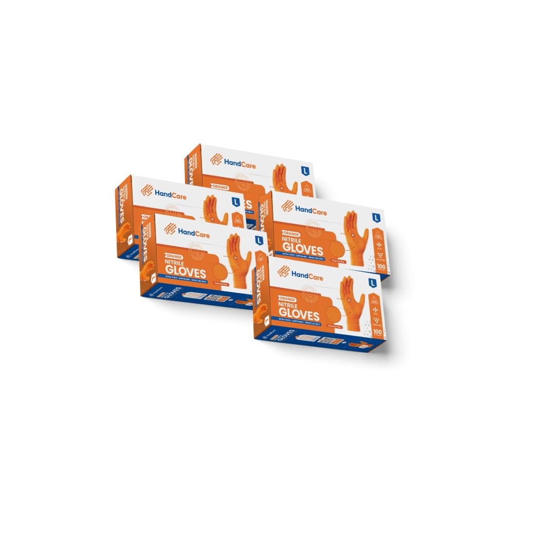 HandCare Orange 8 Mil Nitrile Disposable Gloves, Latex-Free, Diamond Textured…