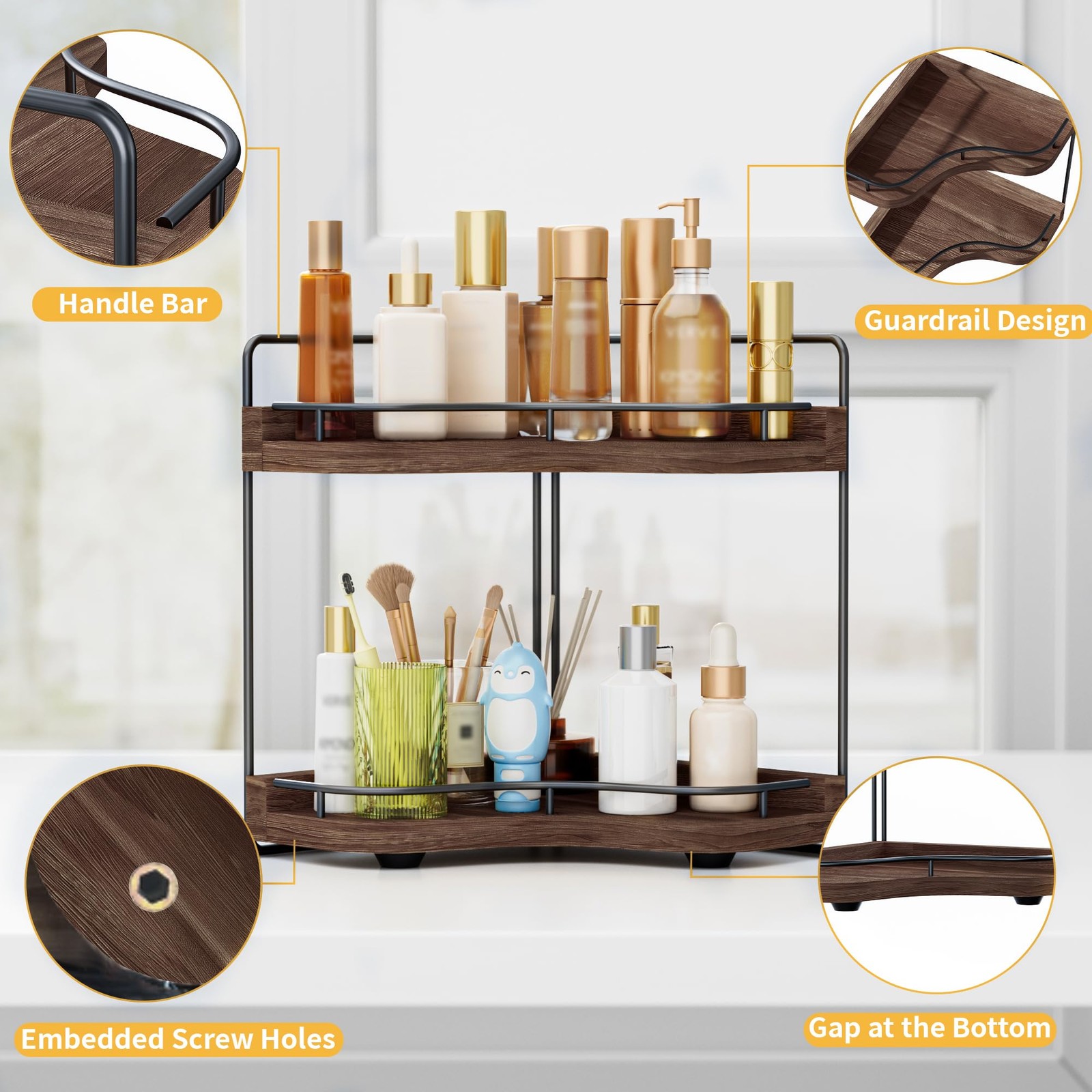 2-Tier Corner Bathroom Counter Organizer with Embedded Screw Holes, Secure & Sta