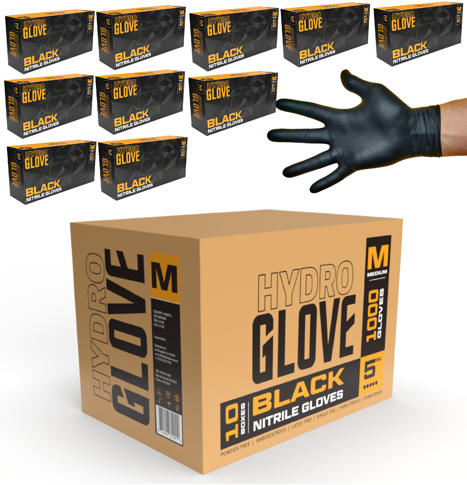 HydroGlove 6 MIL Black Nitrile Exam Gloves | Case of 1000 | Medical & Food Grade