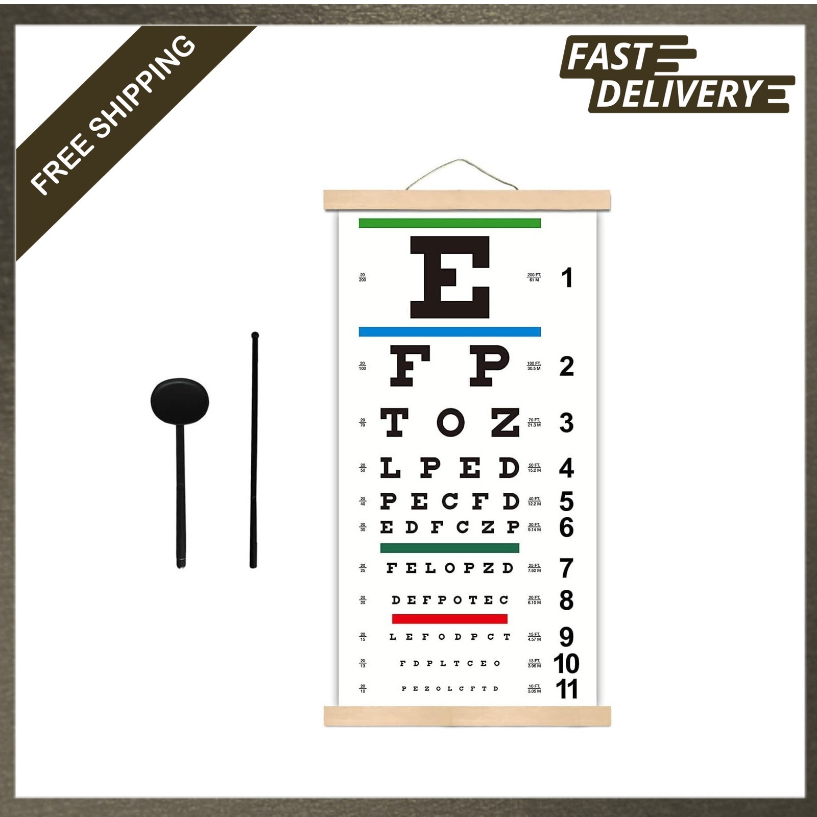 Snellen Eye Chart Canvas with Wooden Frame 11×22 Inches for Eye Exams at 20 Feet