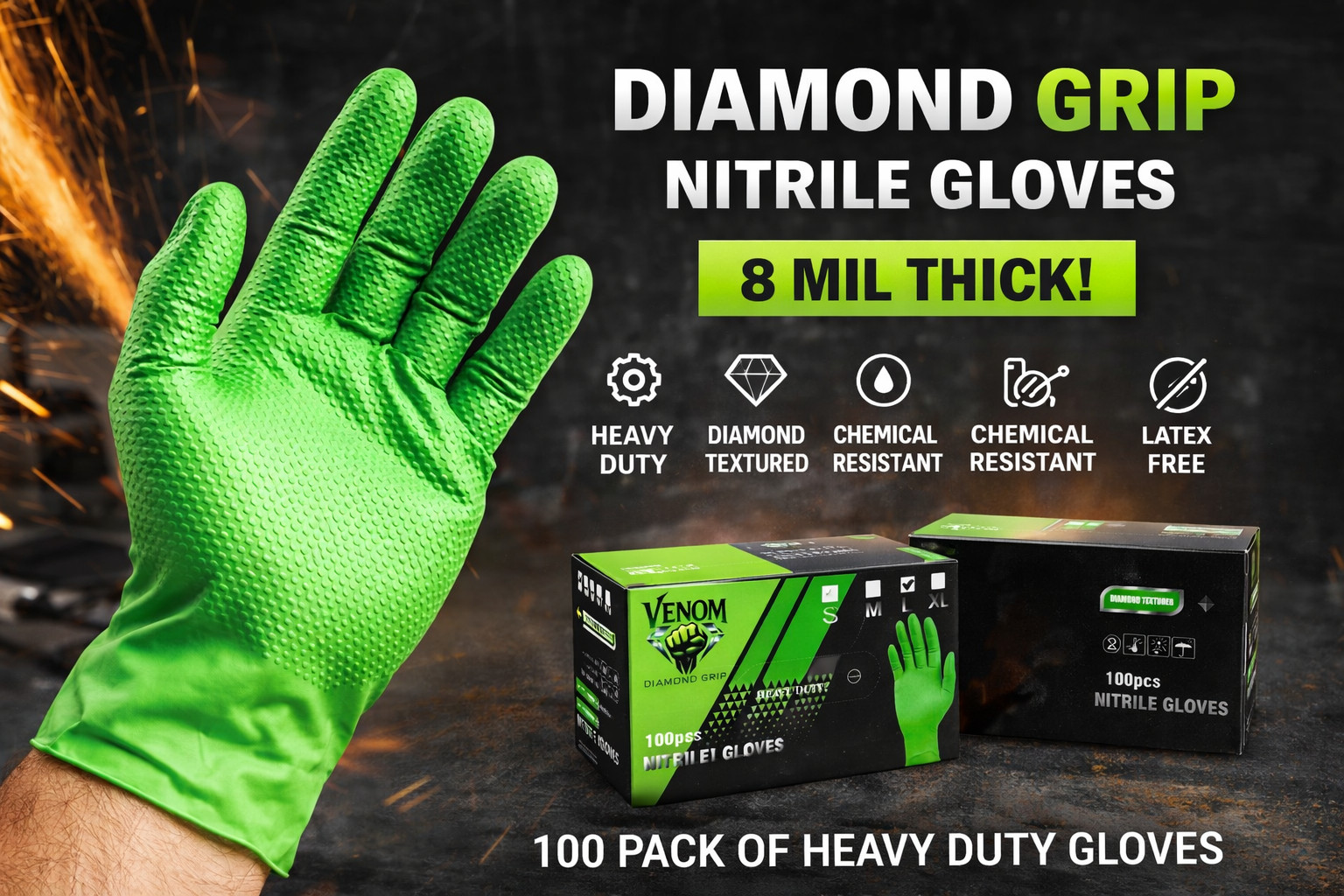 Venom Diamond Grip Green Nitrile Gloves 8 Mil, Diamond Texture, Box of 100Pcs