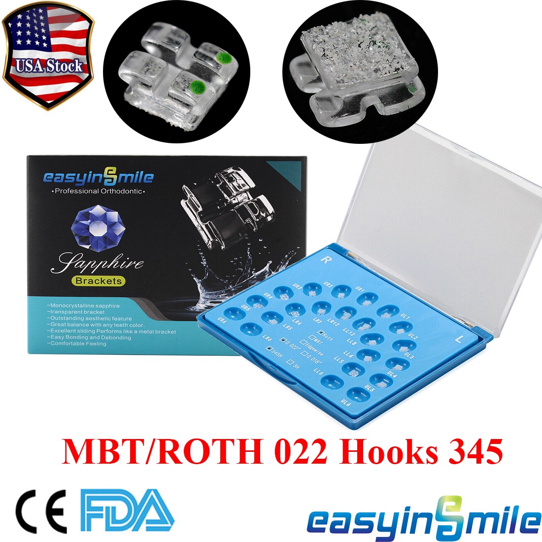 Orthodontic Monocrystalline Sapphire Ceramic Bracket MBT/ROTH 0.22 345Hook 20Pc