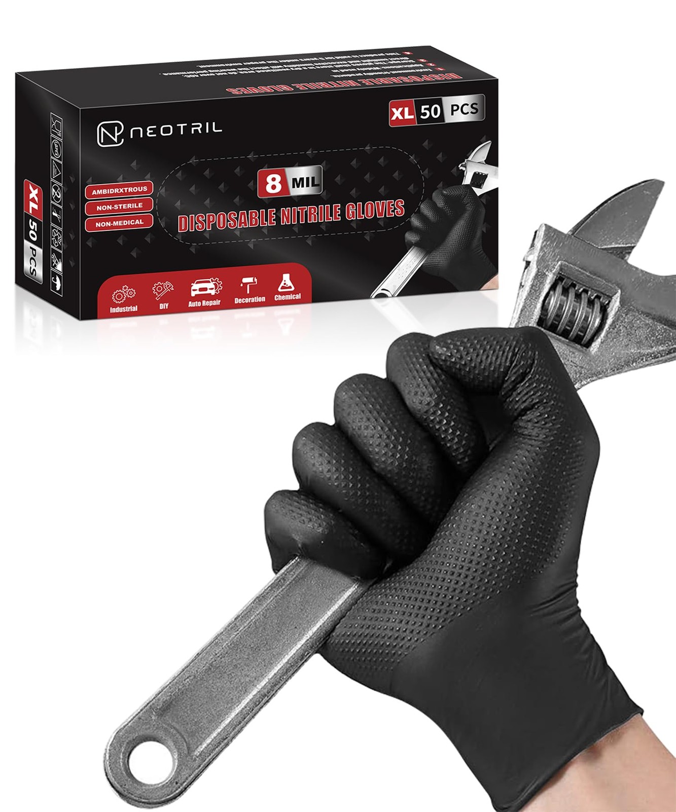 8 Mil Heavy Duty Disposable Nitrile Gloves with Raised Diamond Texture Grip R…