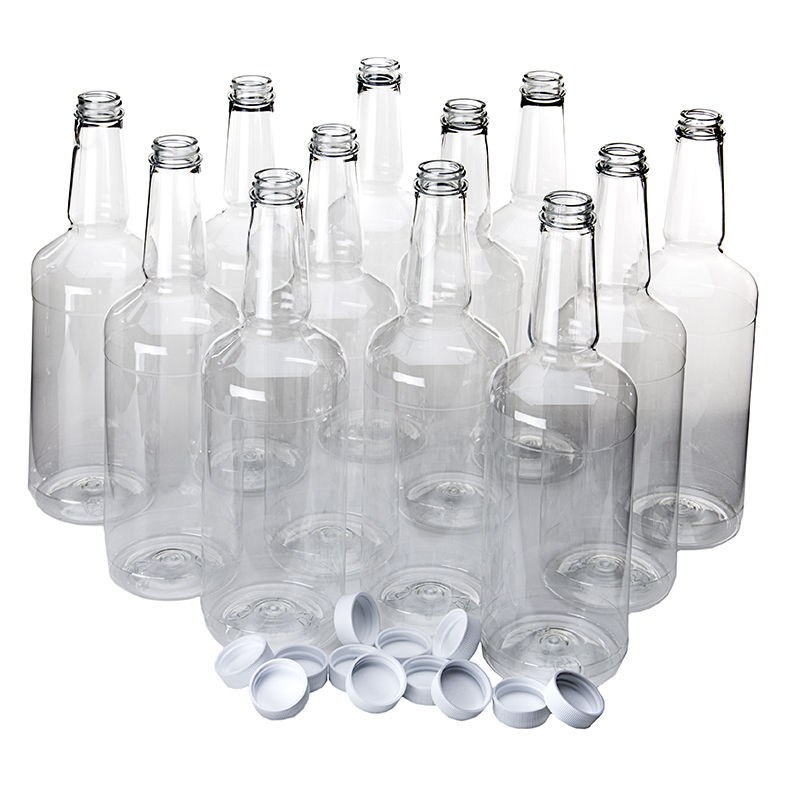 Dozen Long Neck PET Plastic Bottles 32 Ounces with lids