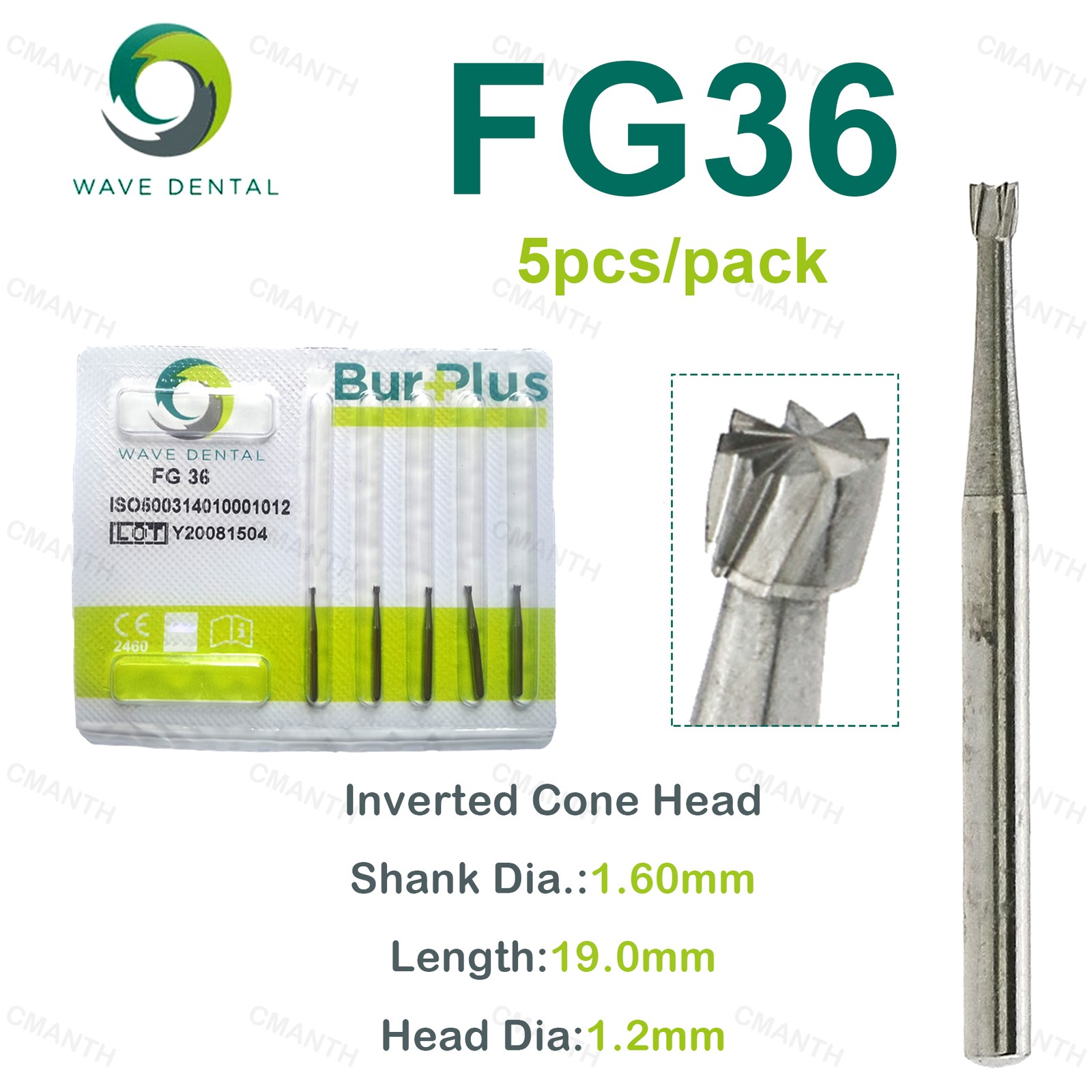 WAVE Dental Drill Bur Inverted Cone Head Tungsten Carbide Dia1.6mm FG High Speed