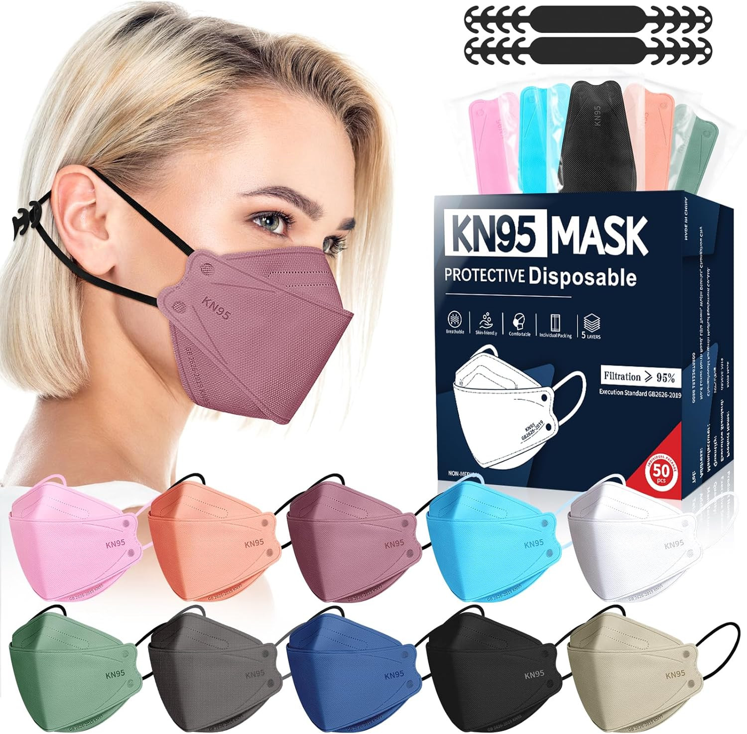 KN95 Face Masks Disposable Adults – 50 Pack 5 Layer Protection Dust Breathable C