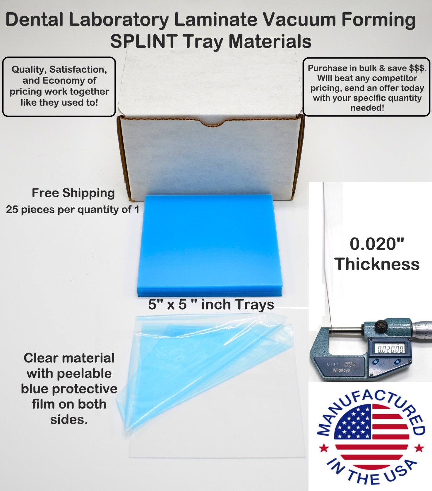 .020″ Clear SPLINT MATERIAL 5″ X 5″ 25/Pack Vacuum Forming Dental Lab