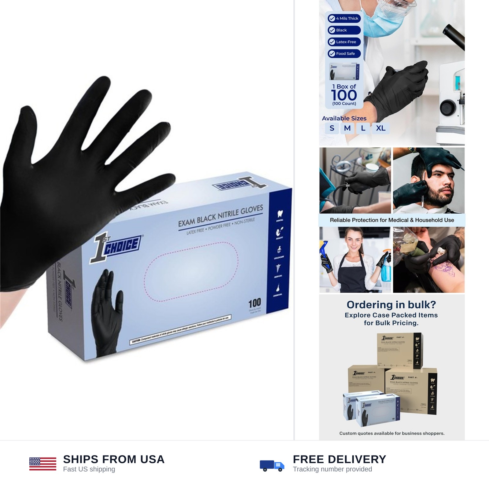 1st Choice Black Nitrile Gloves Disposable Latex Free – Exam Grade Black Glov…