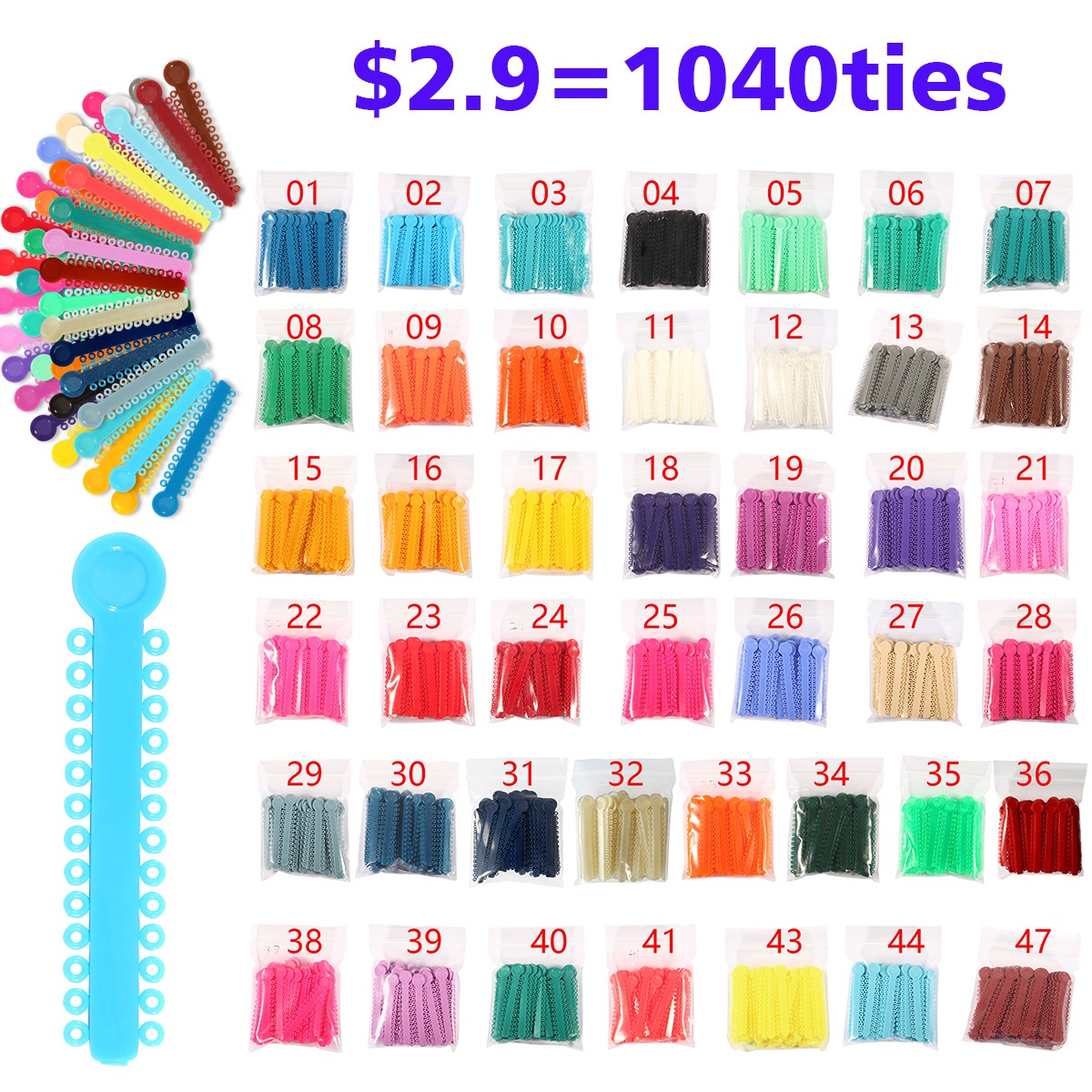 1 Bag Dental Orthodontic Ligature Ties Elastic Rubber Bands 45 Colors 1040 Pcs