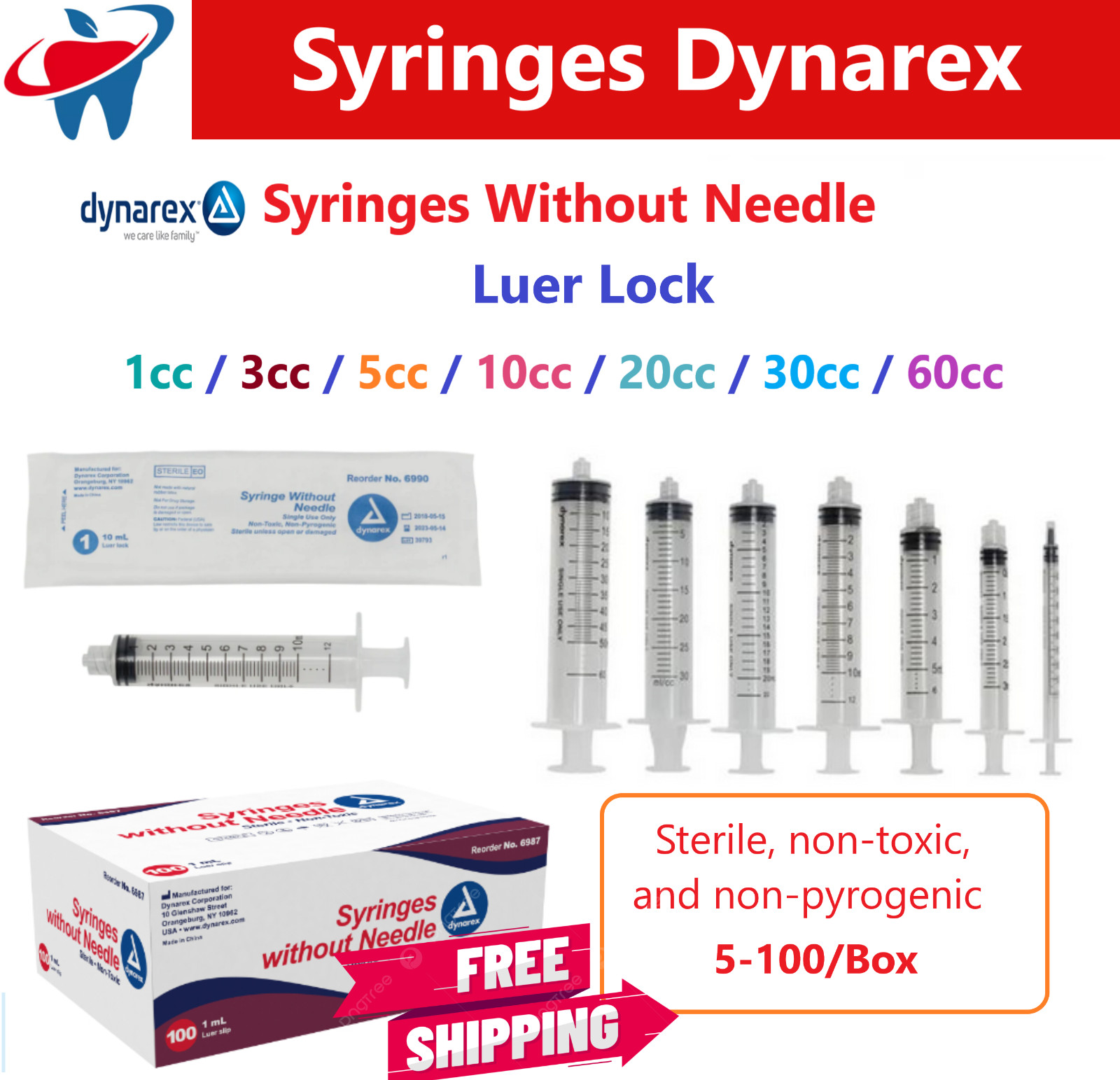 3 mL Luer Lock Disposable Sterile Syringes Without Needles 5cc, 10cc, 20cc, 30cc