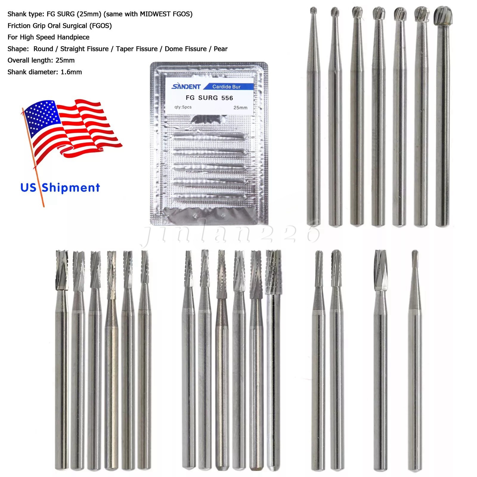 FGOS FGXL Dental Surgical Carbide Burs 25mm Cross Cut Flat End Taper Fissure