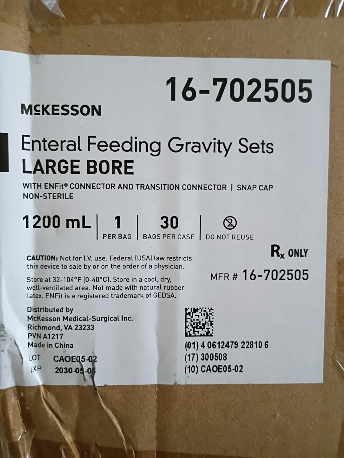 McKesson Large Bore Gravity Feeding Bag Set 1200 mL W/ ENFit Connector 30 Count