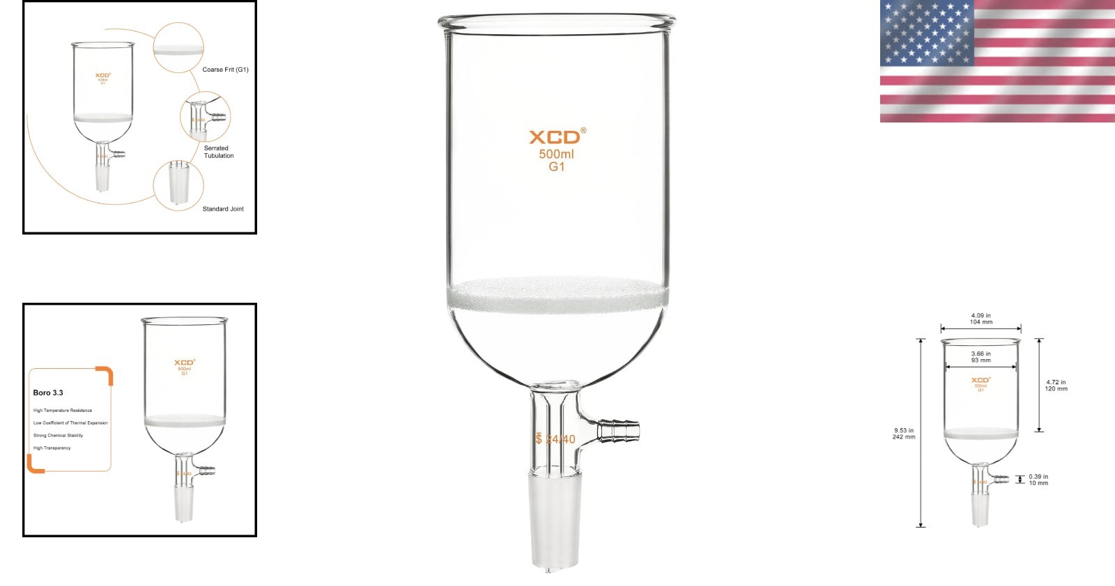 500mL Buchner Funnel G1 Coarse Frit 24/40 Joint Vacuum 94mm ID Lab Glass Filters