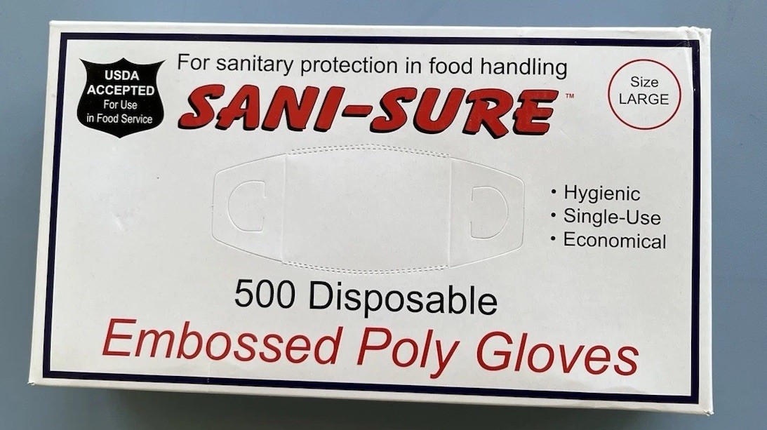 5 Boxes Of 500 SANI-SURE Disposable Embossed Single Use Poly Gloves Large NEW