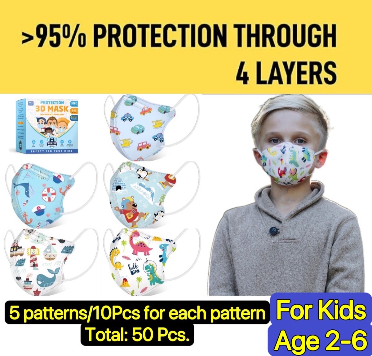 50Pcs Cartoon 3D Kids BFE 95% Protective 4 Layer Face Mask Disposable Respirator