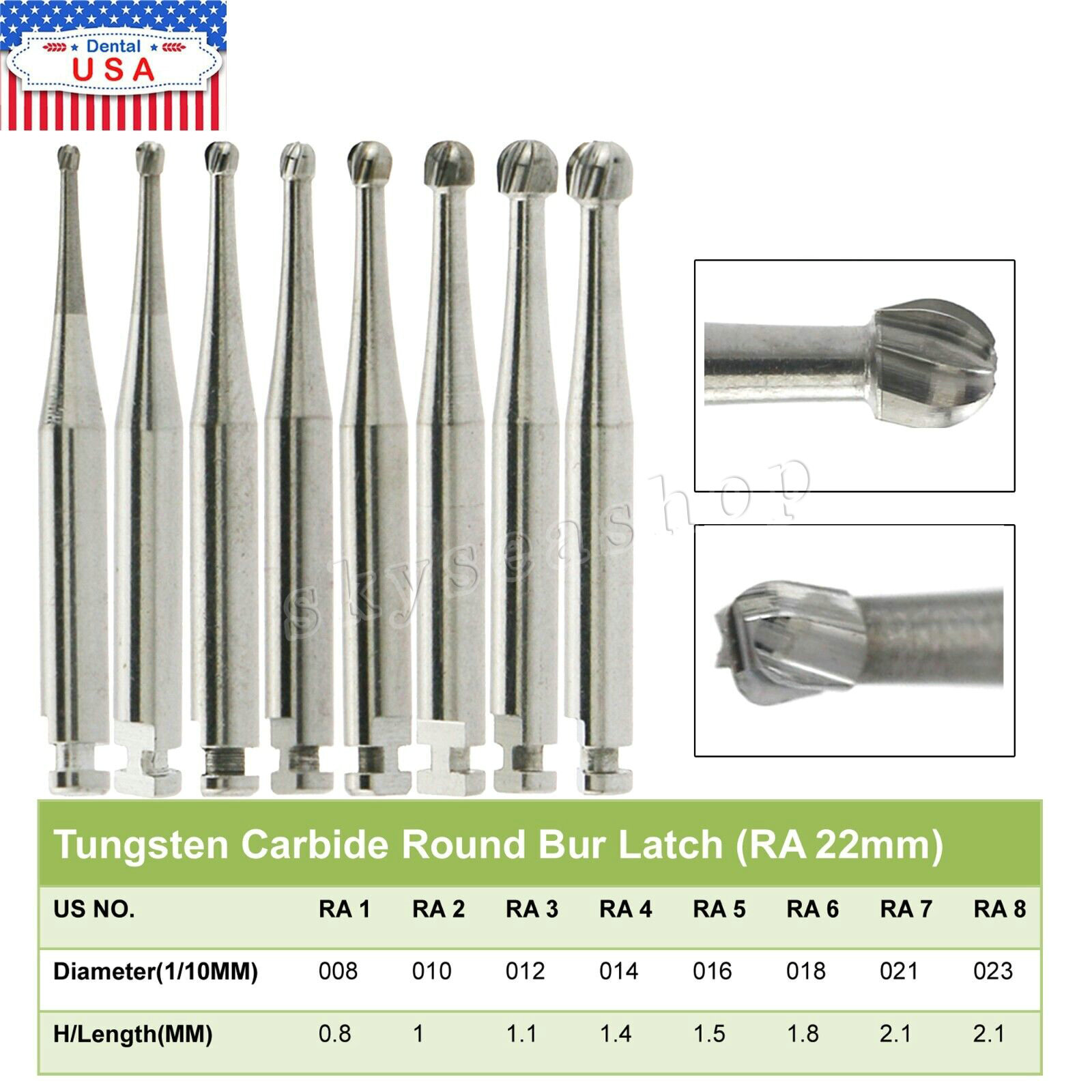 5pcs Dental Round Carbide Bur for Slow Speed Latch Type RA 1# -RA 8#