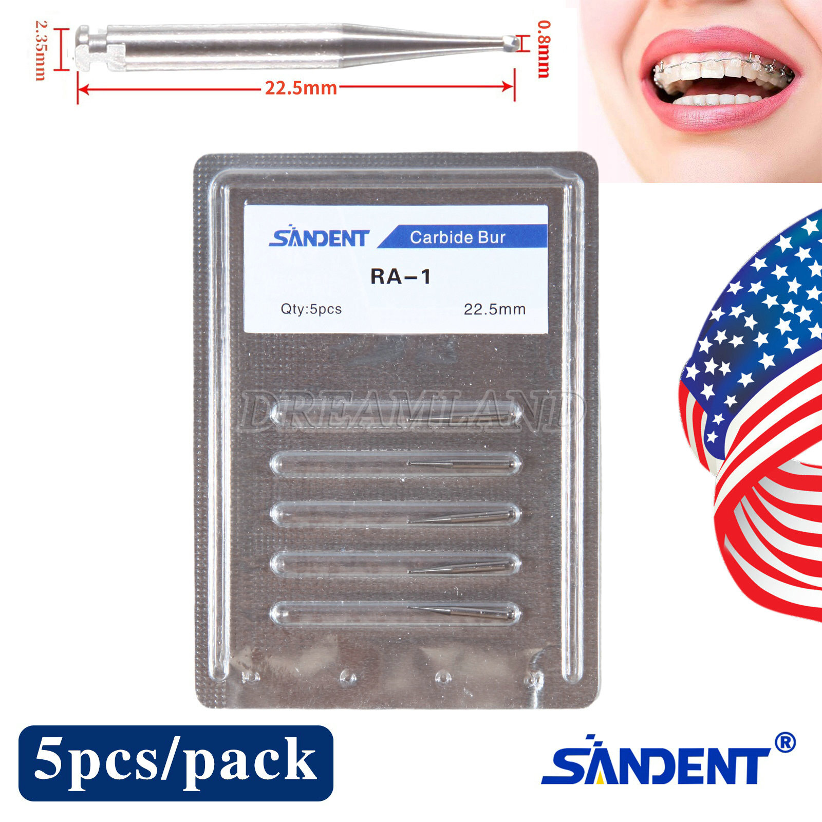 5 Pcs/Pack Dental RA Round Carbide Bur For Slow Speed Latch Type RA 1#-8# Choose