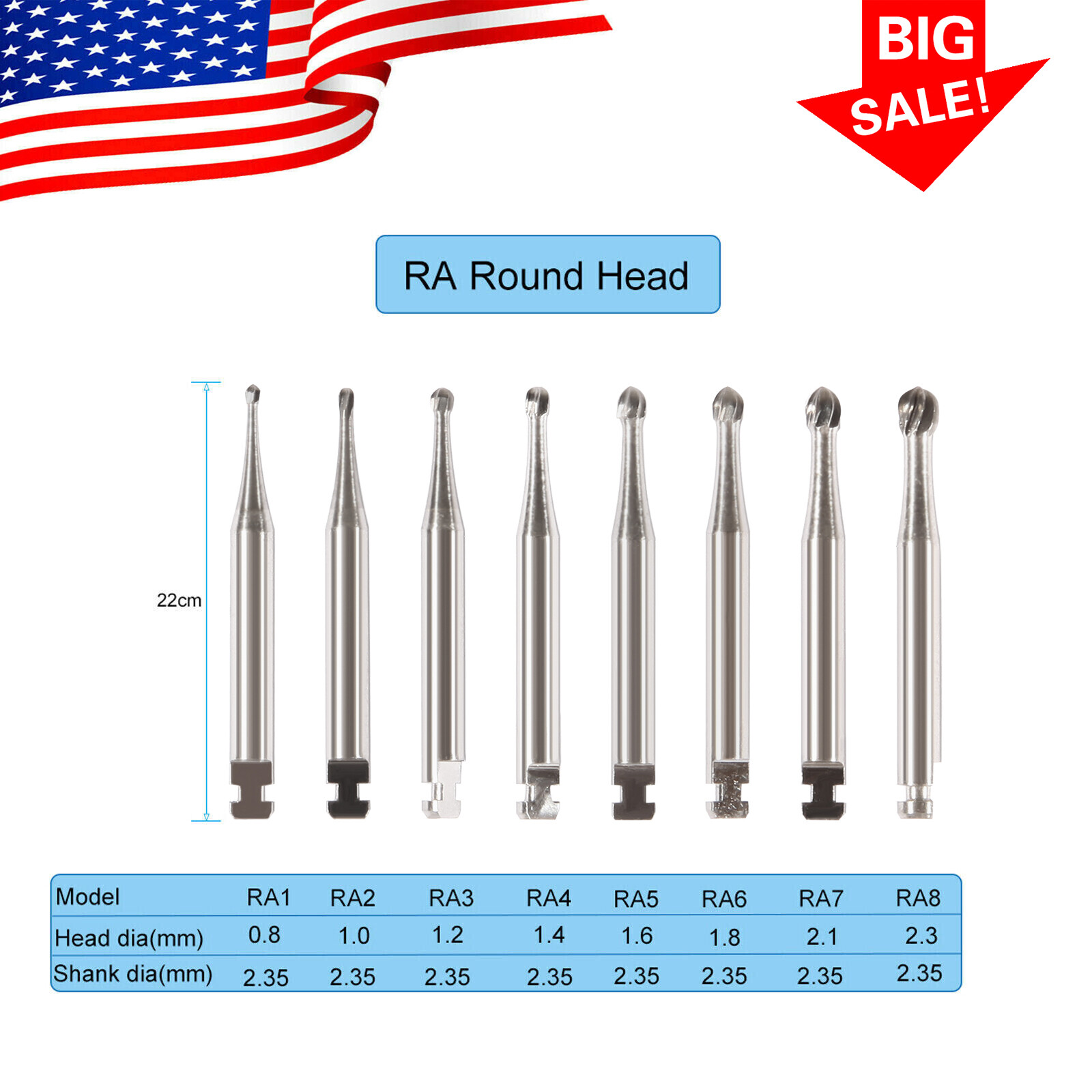 5 Pcs/Pack Dental RA Round Carbide Bur For Slow Speed Latch Type RA 1#- RA 8#