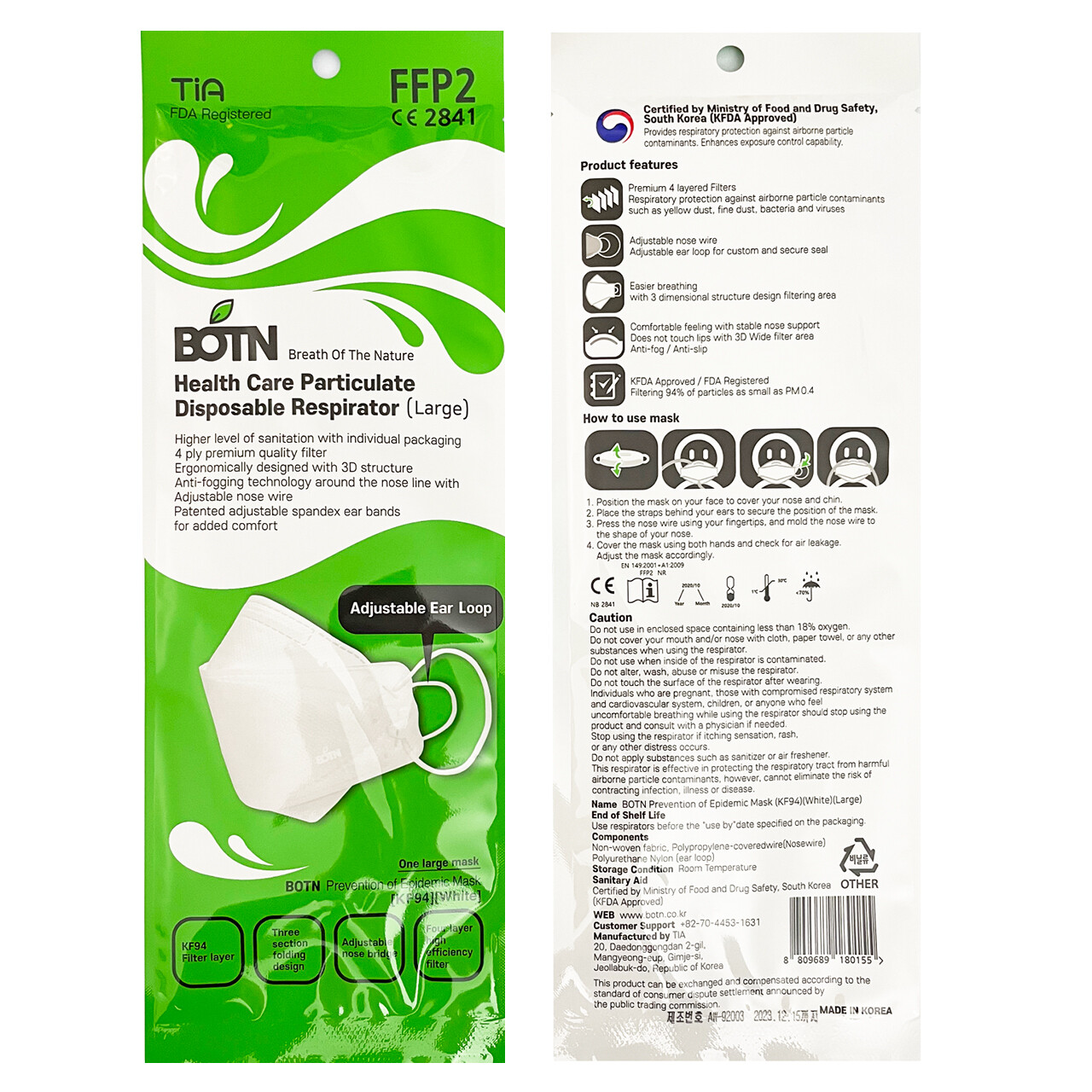2 PCS KF94 WHITE Protective Face Mask Adult Made in Korea KFDA Approved TIA BOTN
