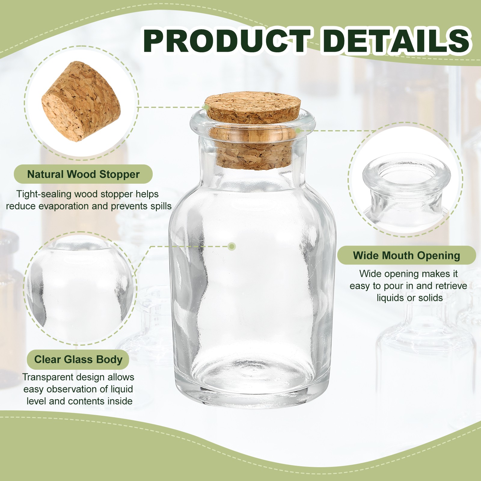 60ml Glass Reagent Bottle with Wood Stopper Wide Mouth, Clear(2oz)