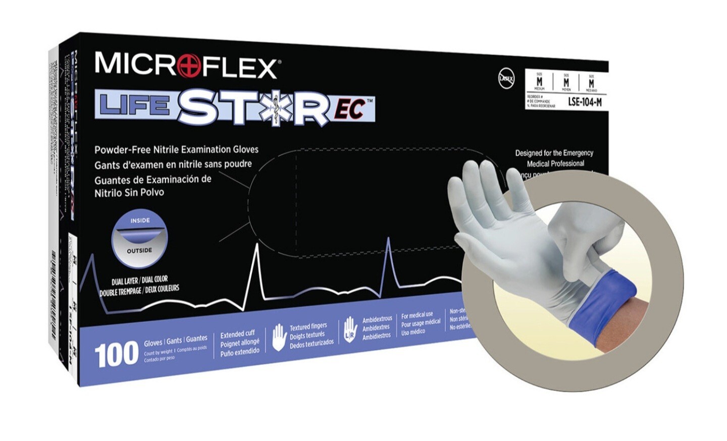 *100-Gloves* Ansell MicroFlex LIFESTAR EC PF Dual Layer Extended Cuff LSE-104-L