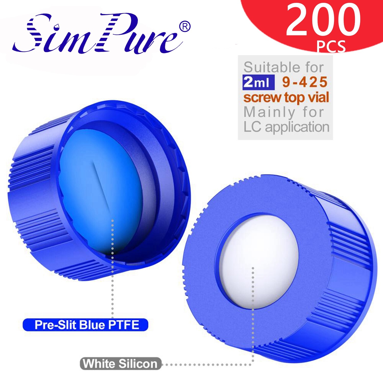 1000pcs 9mm Thread Capa Blue PTFE&White Silicone Pre-Slit for 9-425 2ml GC Vials