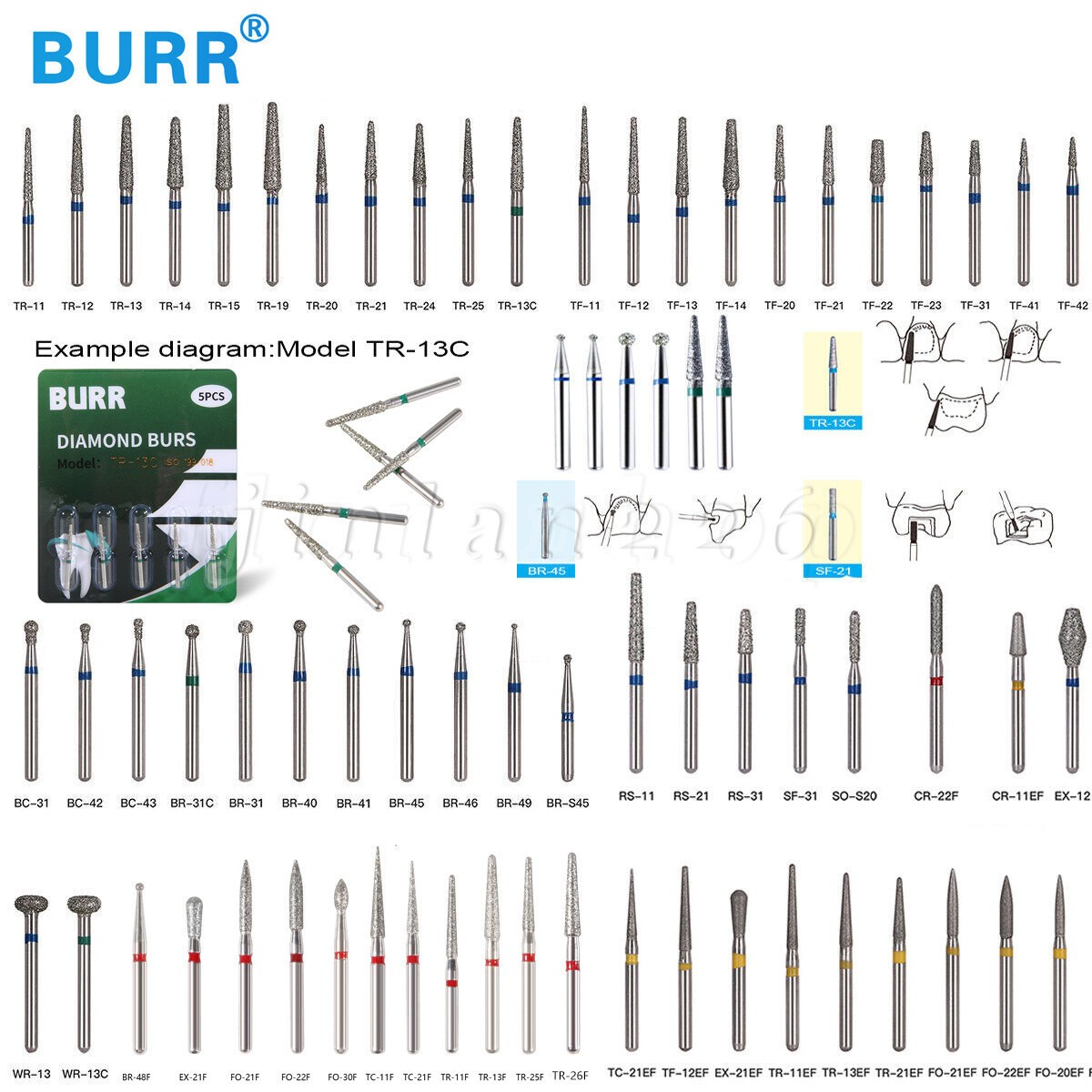 100 Types Dental FG Diamond Burs For High Speed Handpiece Friction Grip 50pcs