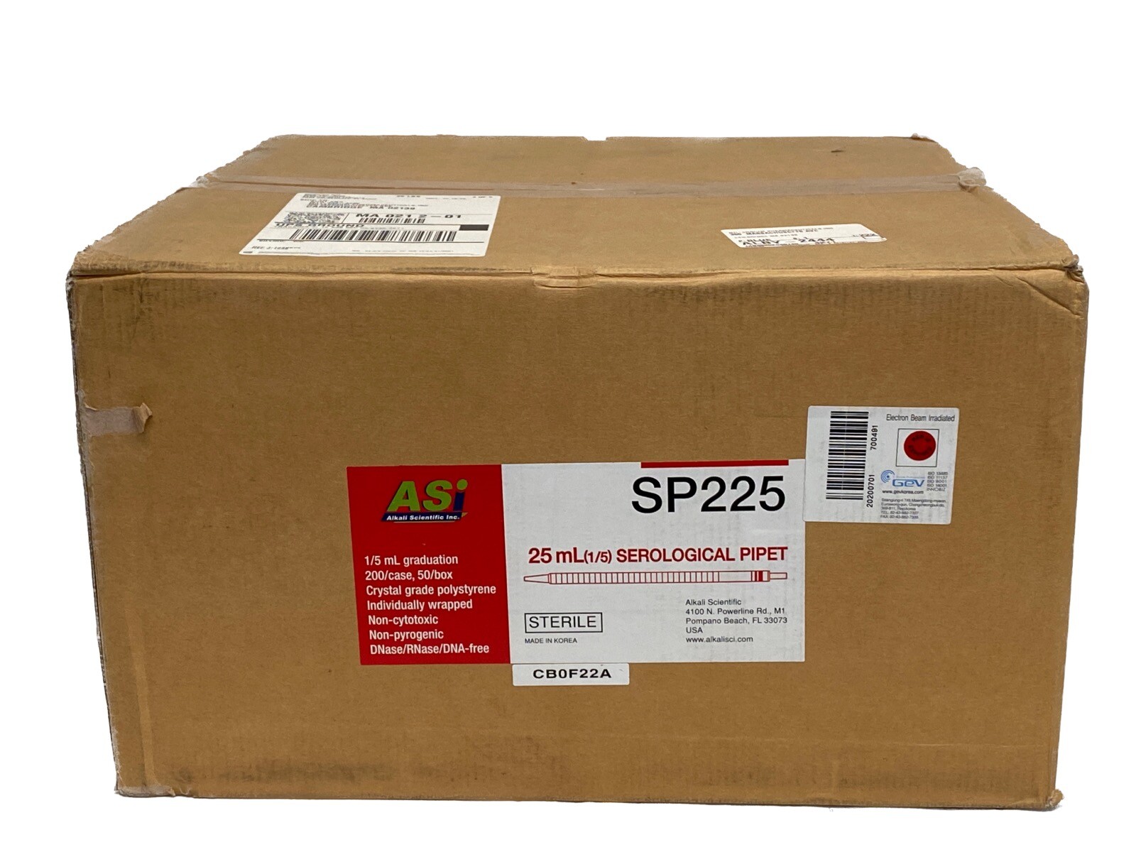 (200/Cs) ALKALI SCIENTIFIC 25mL in 1/5 PS Graduated Serological Pipettes SP225