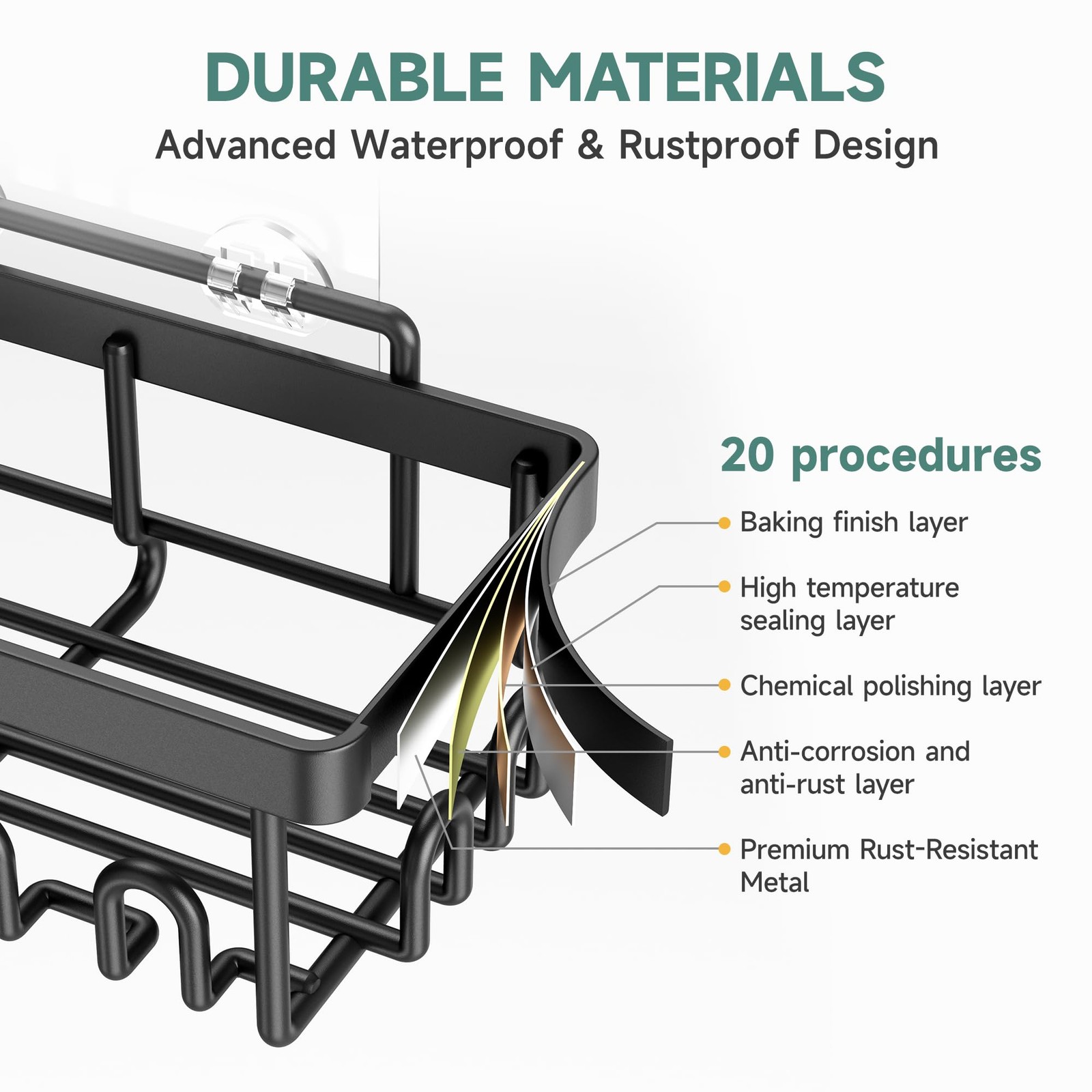 Veken Shower Caddy 6-Pack – Rustproof, No Drill Adhesive Shelves + Soap Holder