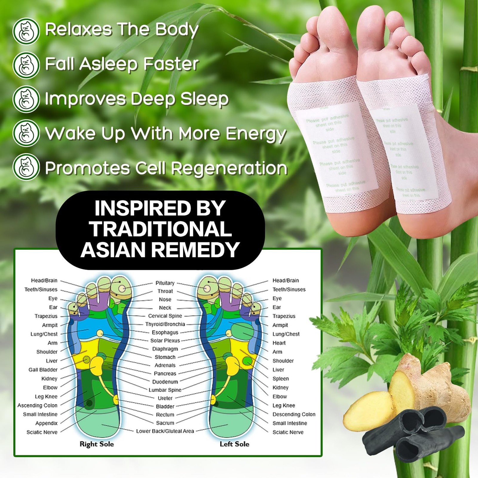 XIWEIOO 50 Pack Foot Pads Ginger Bamboo Deep Cleansing 50 PACK BLANK PADS KIT
