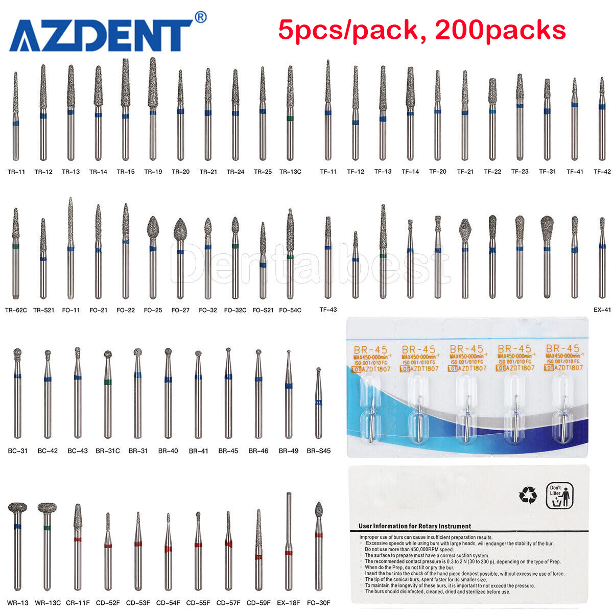 1000pcs AZDENT Dental Diamond Burs For High Speed Handpiece Friction Grip Burs