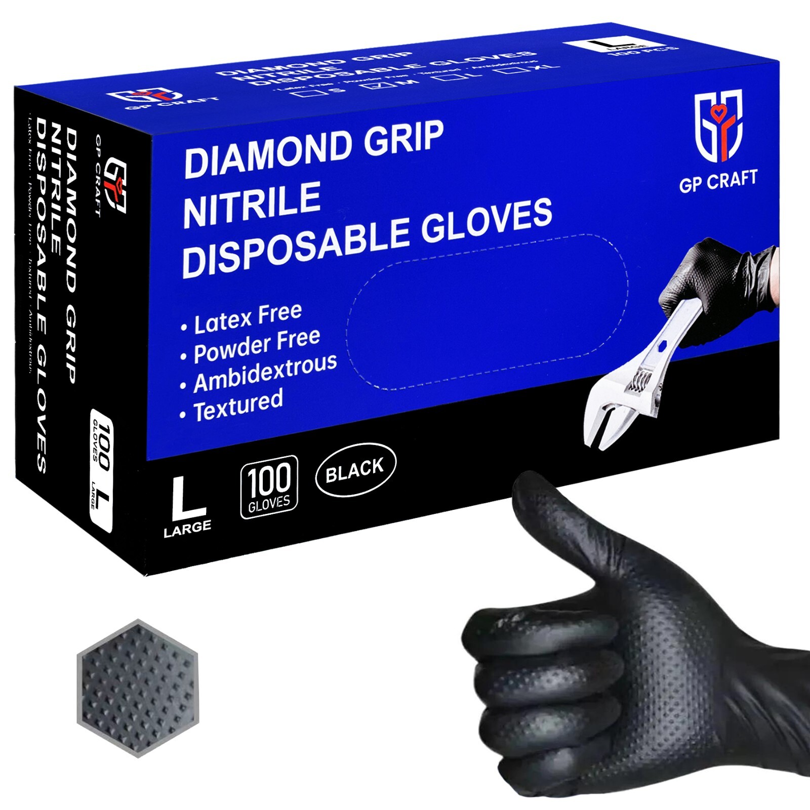 GP Craft Black Large Nitrile Gloves Diamond 8Mil Disposable Latex Free 1000/Case
