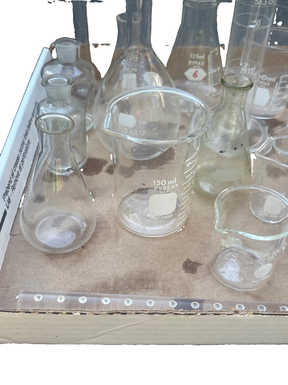 Pyrex & Kimex Glass Vacuum Flasks Beakers Tubes Lids Lab Chemistry Lot
